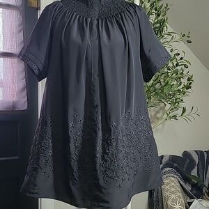 Rungolee Silk Short Sleeve Brooklyn Blouse With Lace Embroidered Stars Medium